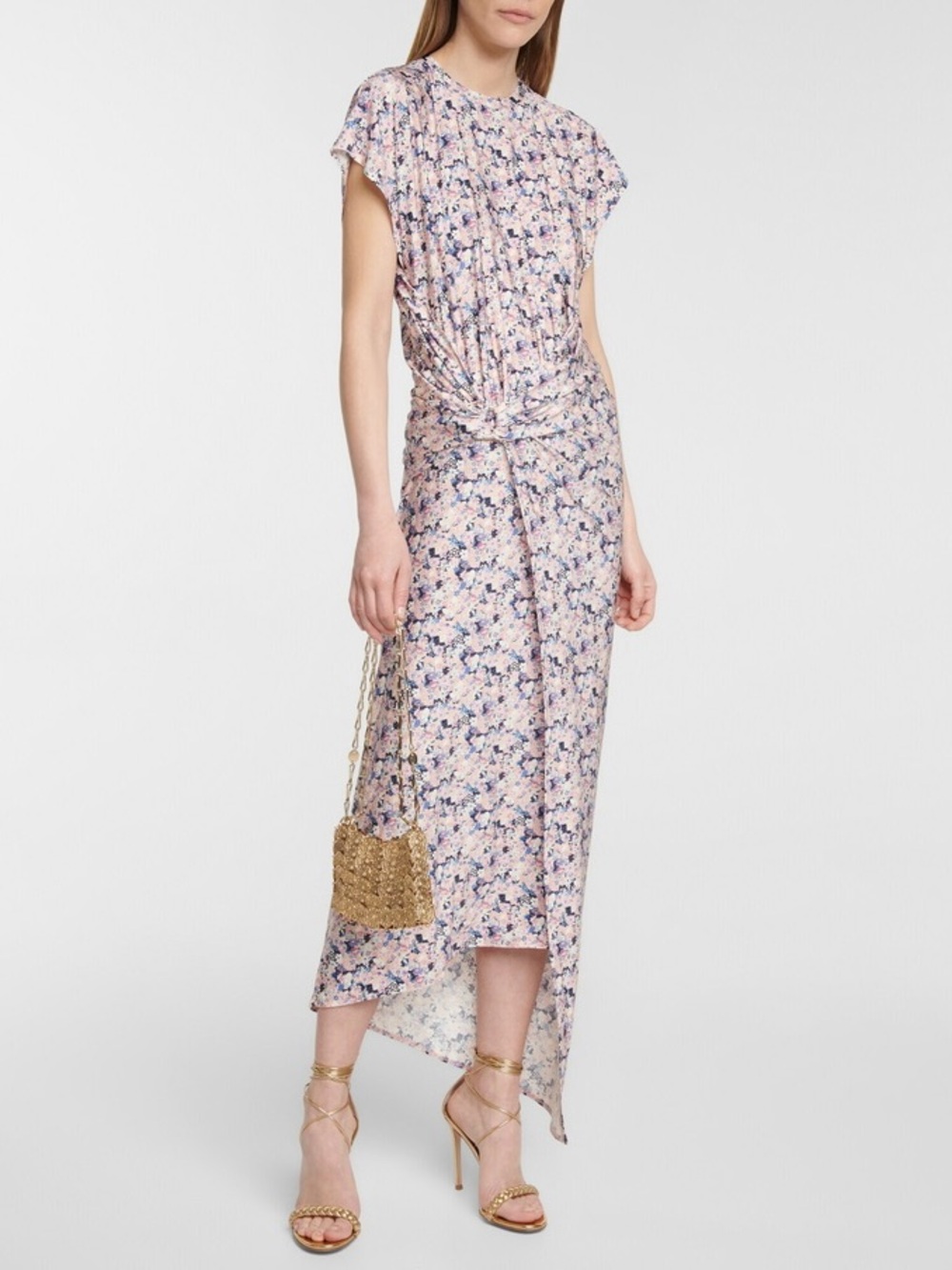 Paco Rabanne Pink Floral High-Low Twist Midi Dress